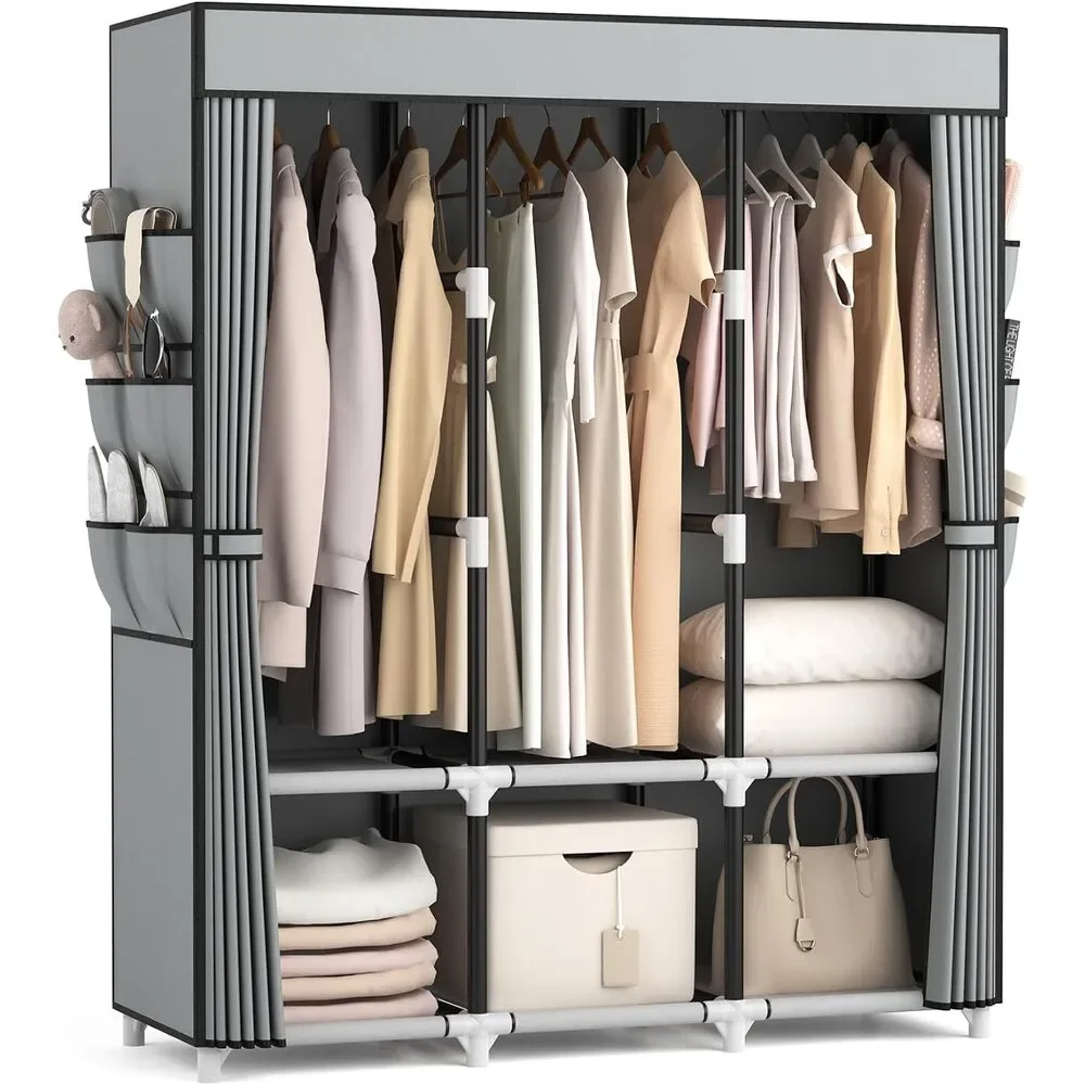 VTRIN Portable Closet Wardrobe Grey 3 Hanging Rods 6 Shelves New Open Box